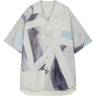 速写男装官方旗舰古巴领衬衫男款夏季新款贴布撞色设计感短袖衬衣