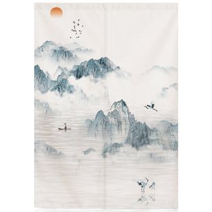 中式门帘隔断帘水墨山水画玄关房间半帘布艺卧室书房书柜防尘遮挡