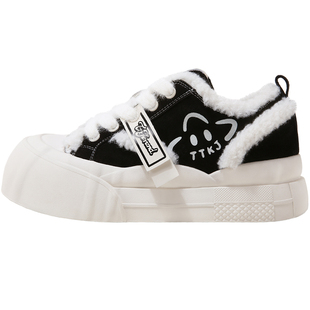 TTKJ黑色帆布鞋加绒毛毛板鞋女冬季厚底增高休闲运动百搭保暖棉鞋