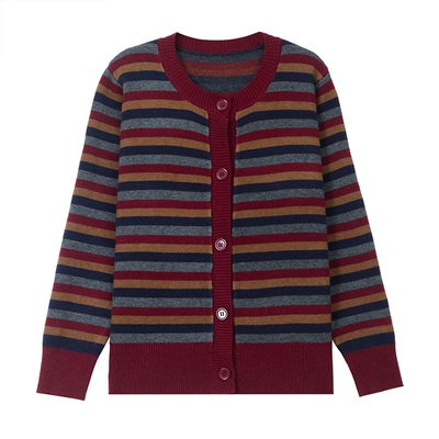 恒源祥春秋圆领羊毛衫女条纹外套