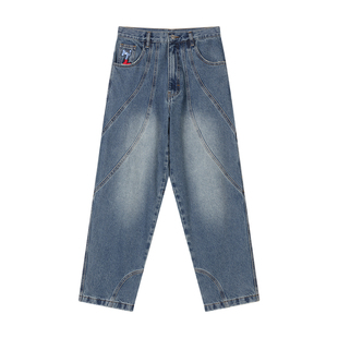 MindError 小象刺绣设计感拼接复古水洗宽松休闲直筒阔腿牛仔裤男