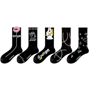 江狗卡通袜子女秋冬中筒袜ins潮流网红可爱学生黑色长袜女棉春秋