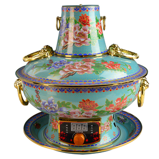 隆顺铜艺新景泰蓝铜火锅紫铜家用插电珐琅火锅涮羊肉鸳鸯火锅锅具