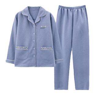 中年妈妈秋冬季睡衣女夹层纯棉长袖空气棉中老年人大码家居服套装