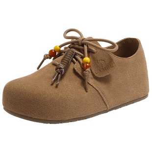 骆驼女鞋2026春季新款勃肯鞋复古厚底增高穆勒鞋加绒毛毛鞋女单鞋