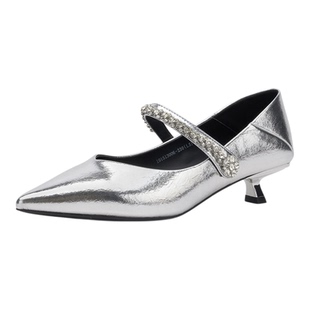 戈美其法式尖头一字带玛丽珍女鞋春秋季新款细跟银色单鞋子配裙子