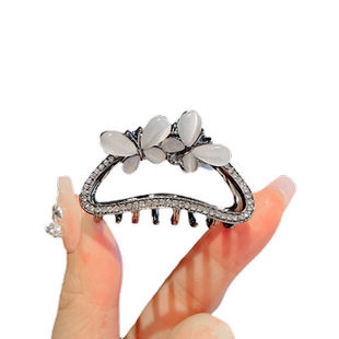 高档黑色猫眼石蝴蝶发夹女高级感后脑勺半扎发抓夹中号鲨鱼夹发卡