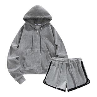 【张艺凡同款】VWL条绒连帽开衫卫衣套装女休闲宽松拉链开衫卫裤