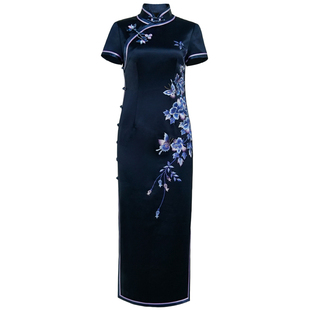 华族经典中式复古旗袍长款大牌高贵优雅端庄气质蓝色刺绣可定制