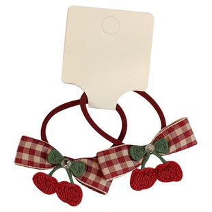 儿童可爱樱桃红色蝴蝶结格纹发圈宝宝皮筋头绳女童发绳小女孩发饰