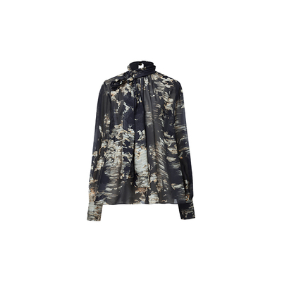 HUI卉桑蚕丝双绉印花飘带领衬衫