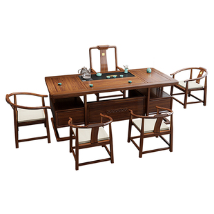 胡桃木实木茶桌椅组合一桌五椅新中式禅意泡茶台办公家用整套茶几