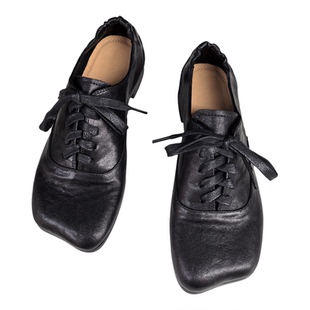 2026春季真皮单鞋男女同款水洗马皮乐福鞋复古方头低跟皮鞋德比鞋