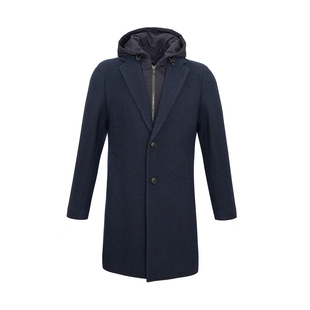JODOLL乔顿冬季时尚斜纹绵羊毛大衣男士中长款可拆卸挂面连帽外套