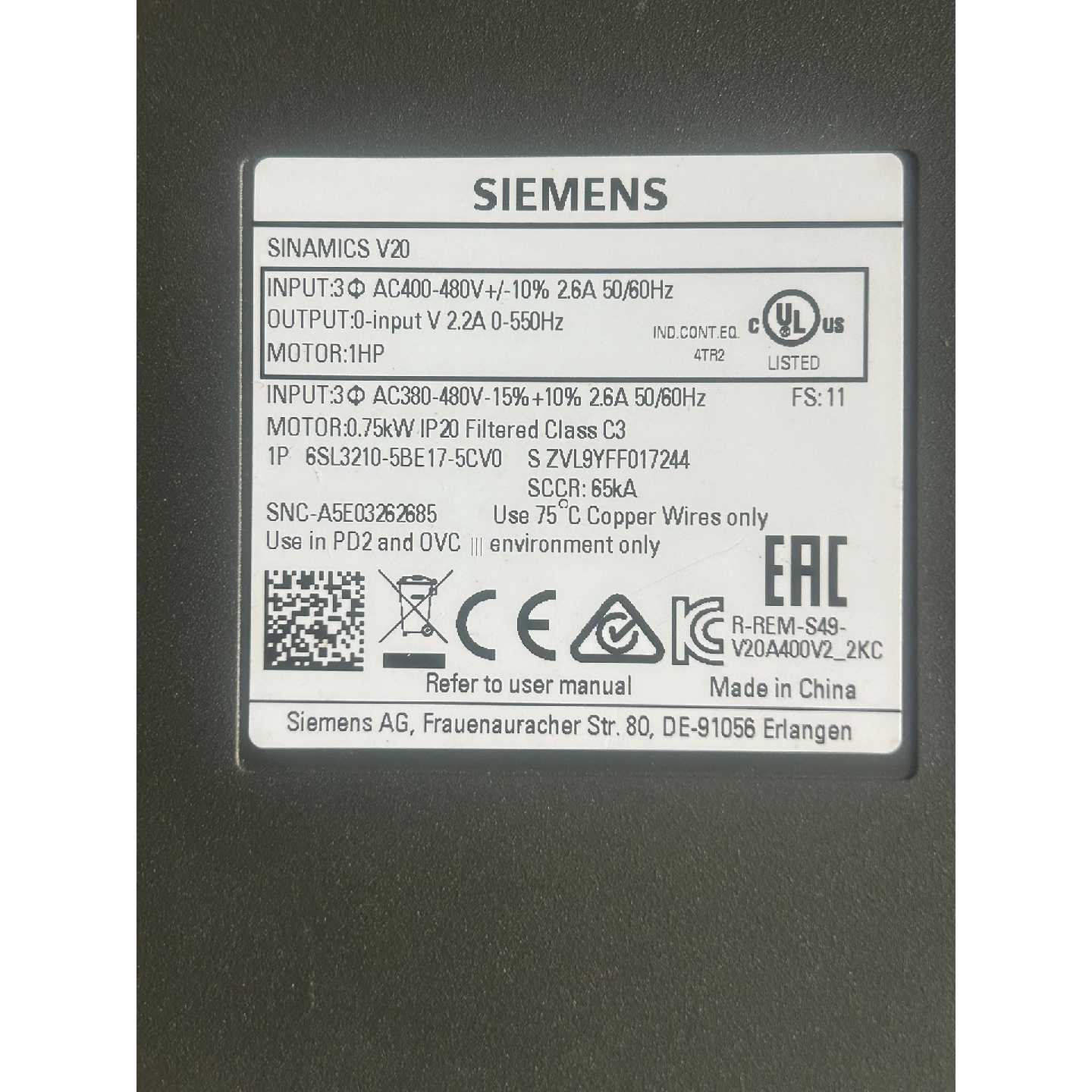 议价西门子V20变频器6SL3210-5BE21-5CV0  1