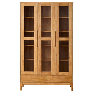 全友家居原木风全实木组合书柜带玻璃门书架客厅展示柜橡胶木柜子