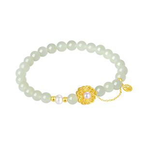 周大生黄金镶玉手串女和田玉好柿连连珍珠花丝手链生日礼物送女生