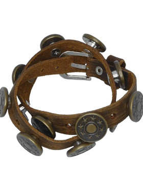 两圈棕色皮复古圆盘星星朋克手链