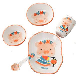 热卖生肖创意可爱卡通儿童陶瓷餐具套装碗碟组合碗盘子杯子勺子