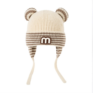 冬季宝宝护耳帽可爱条纹针织帽子保暖防风男女童m字母小熊毛线帽