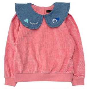 韩单~ 可可爱爱 板板正正 女童春秋条绒卫衣翻领刺绣休闲外套上衣