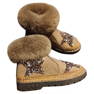 水钻短筒雪地靴女2025新款冬平底兔毛短靴加绒保暖棉鞋加厚毛毛鞋