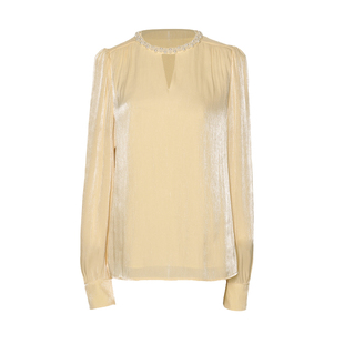 DPLAY黄色圆领钉珠法式衬衫温柔气质流光纱女衬衣小衫2026年春季