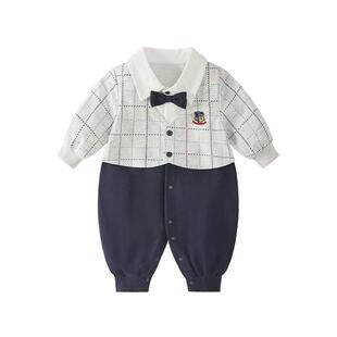 jellybaby婴幼哈衣春季宝宝1学院风假两件连体衣春装婴儿礼服爬服