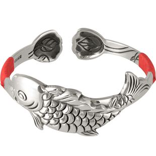 9999纯银手镯女重工小众鲤鱼莲蓬银饰浮雕银镯子实心复古生日礼物