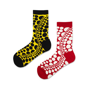 原创草间弥生黑色波点针织棉袜女士情侣圣诞长筒红色本命年袜子