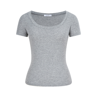 MosesQueen魔西女王灰色基础款短袖t恤女夏季修身显瘦百搭u领上衣