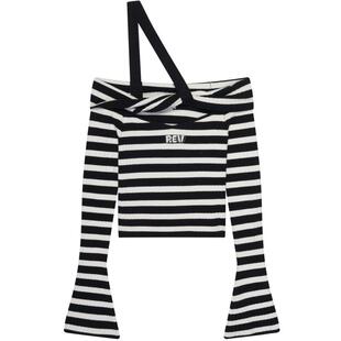 REVAN芮范设计师款辣妹风条纹露肩毛衫RN70601124