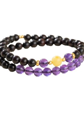 天然小叶紫檀紫水晶双圈手串女款半山半水蜜蜡木质文玩佛珠手链饰