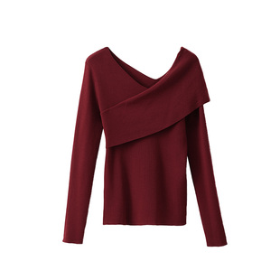 POPCHRIO欧可芮◆设计感围裹露肩羊毛针织衫套头修身打底毛衣女冬