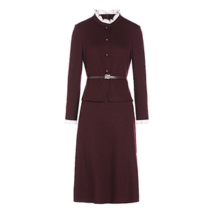 JESSIE气质假两件收腰连衣裙女花边拉夫领亮片修身中长裙冬季新款