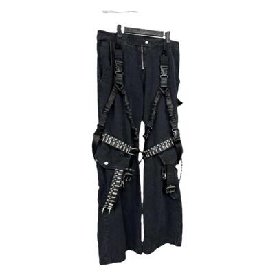 拼接绑带做旧工装牛仔裤