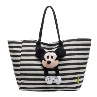 大容量通勤包女休闲时尚条纹帆布包可爱米奇单肩托特包手提妈咪包
