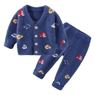 男童半边绒保暖睡衣睡裤冬季新款儿童软绵绵家居服开衫加厚5627