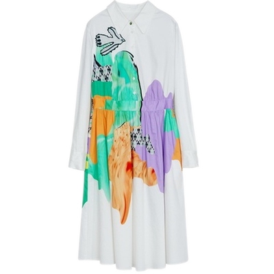 谜底纯棉连衣裙春季新款主题印花收腰显瘦中长裙231ML0119