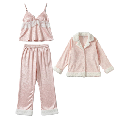 海岛绒女款吊带睡衣三件套带胸垫