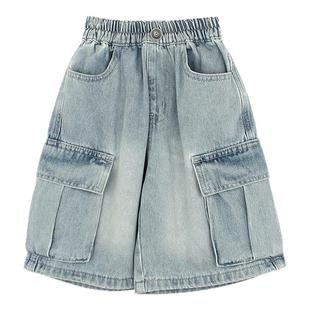 大耳象女童大口袋牛仔裤秋新款宝儿工装休闲百搭宽松阔腿裤子