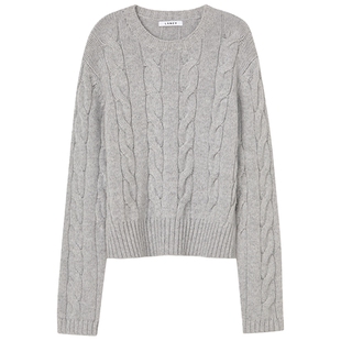 【纯羊毛】LANCY/朗姿2025冬新款气质绞花针织衫女圆领短款灰毛衣