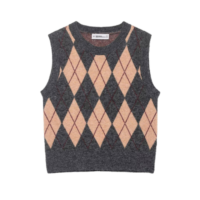 圆领菱格叠穿马甲针织背心上衣女