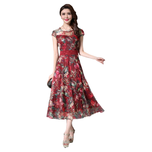 古贝莎女装夏季台湾品牌洋气高贵妈妈刺绣印花连衣裙中长裙子