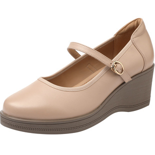 坡跟厚底新款百搭女单鞋2025春夏高跟妈妈鞋大码43浅口一字扣女鞋