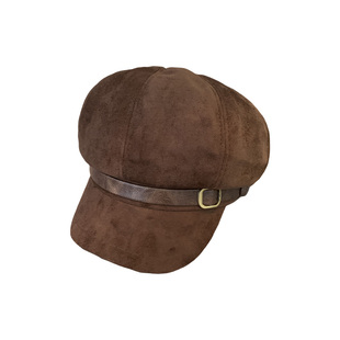 美拉德咖色复古麂皮绒贝雷帽女秋冬高品质显脸小皮带八角报童帽子