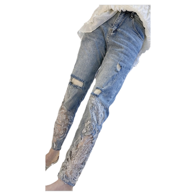 小脚裤九分裤亮片高腰镶钻破洞