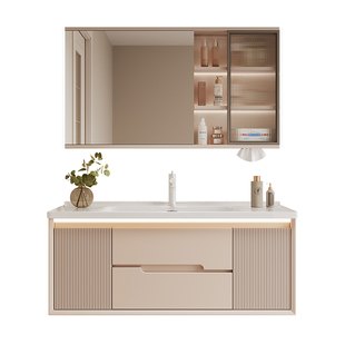 奶油风陶瓷一体盆浴室柜卫生间洗手盆洗脸盆柜组合洗漱台盆卫浴柜