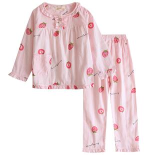 甜美儿童春秋夏薄纯棉纱布空调服长袖睡衣套头女童全棉家居服a类