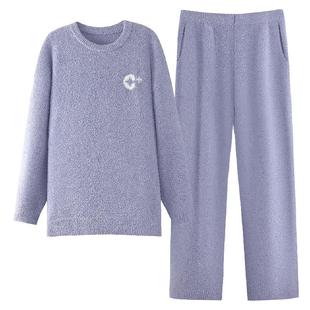 休闲运动半边绒情侣睡衣冬季女款加厚加绒可外穿男士秋冬天家居服